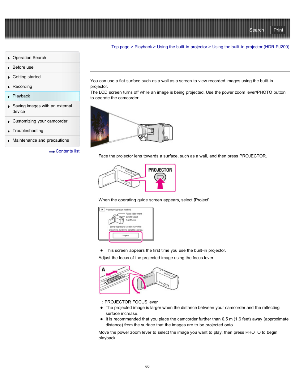 Using the built-in projector, Using the built-in projector (hdr-pj200), Handycam" user guide | Sony HDR-PJ200 User Manual | Page 67 / 202