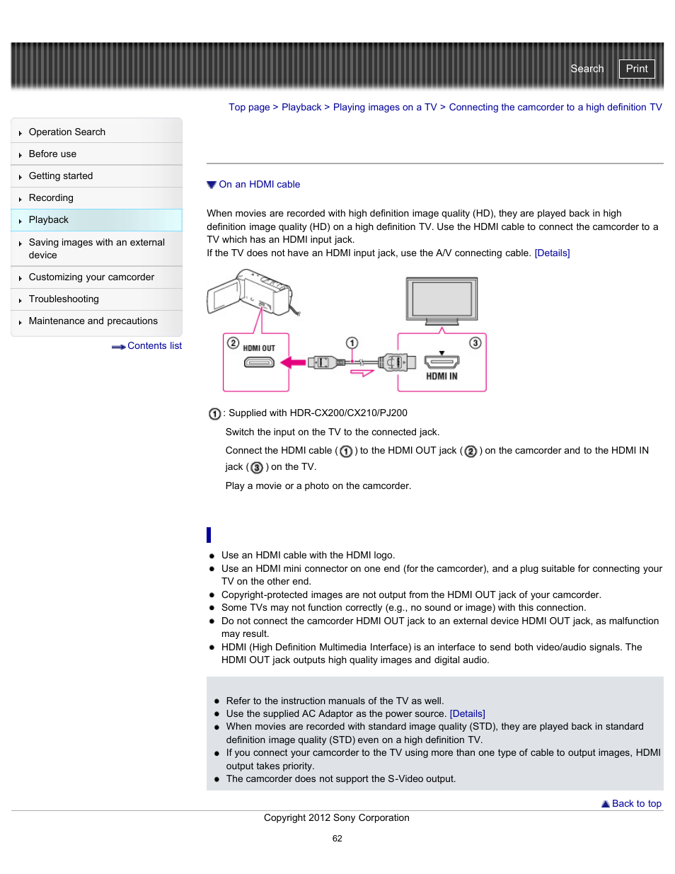 Connecting the camcorder to a high definition tv, On an hdmi cable, Handycam" user guide | Sony HDR-PJ200 User Manual | Page 69 / 202