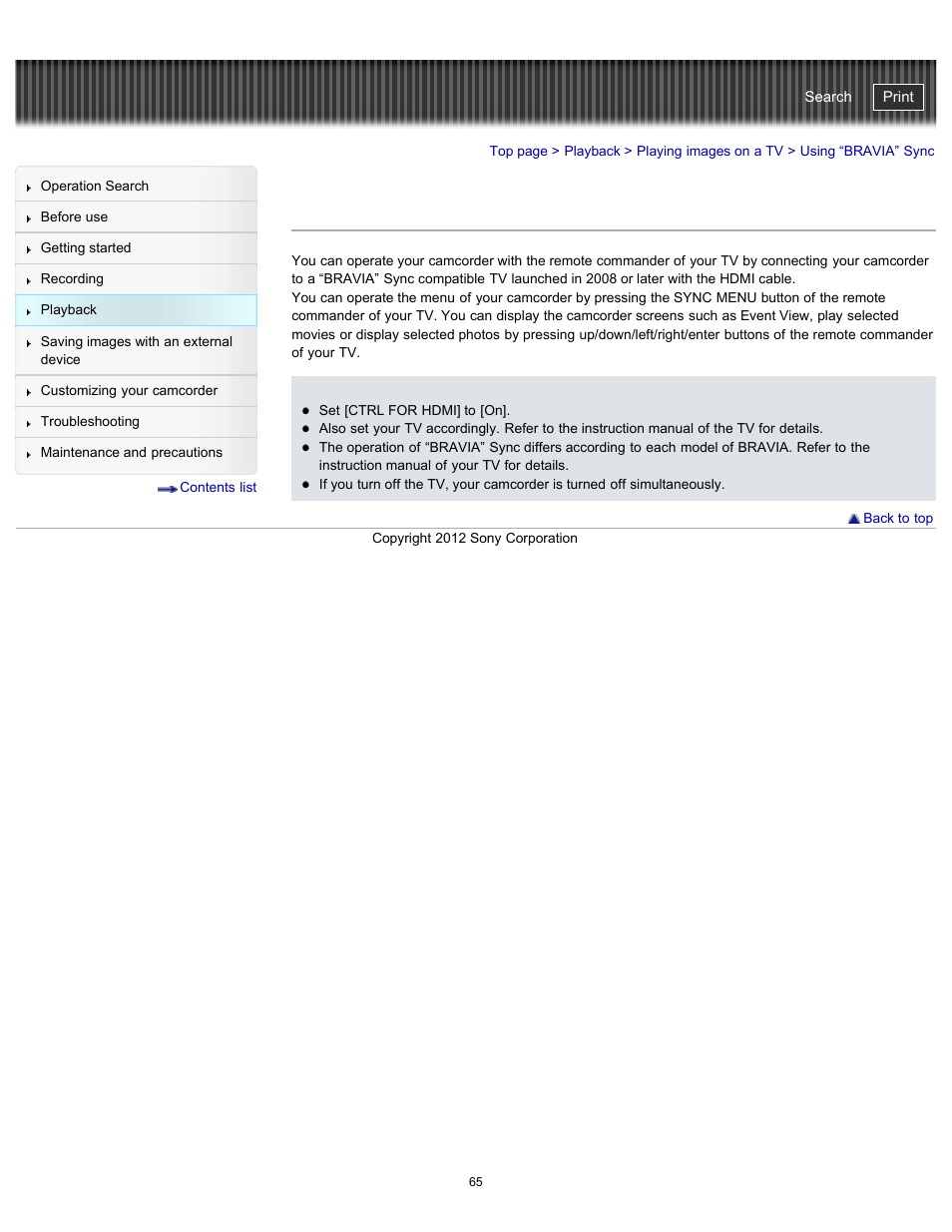 Using “bravia” sync, Handycam" user guide | Sony HDR-PJ200 User Manual | Page 72 / 202