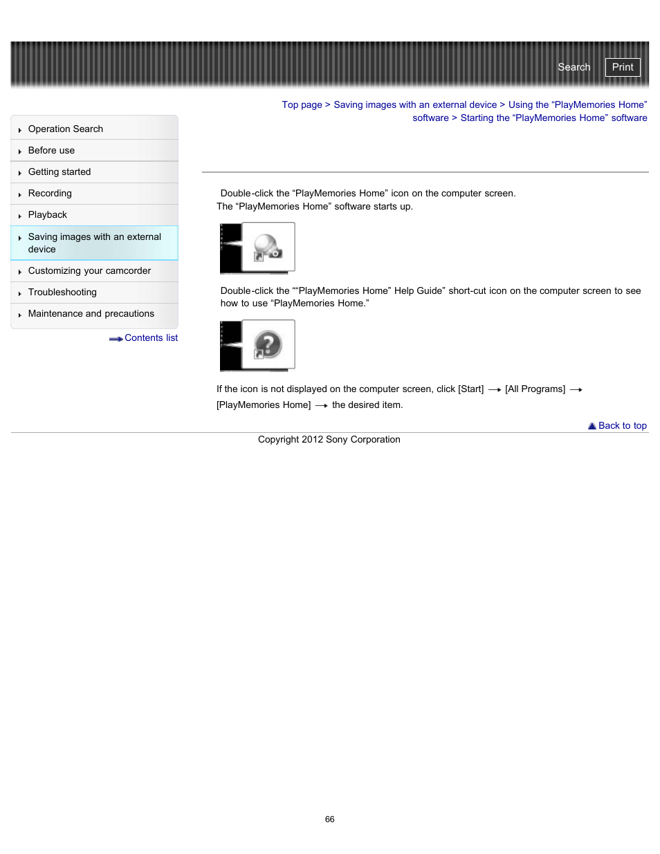 Starting the “playmemories home” software, Handycam" user guide | Sony HDR-PJ200 User Manual | Page 73 / 202