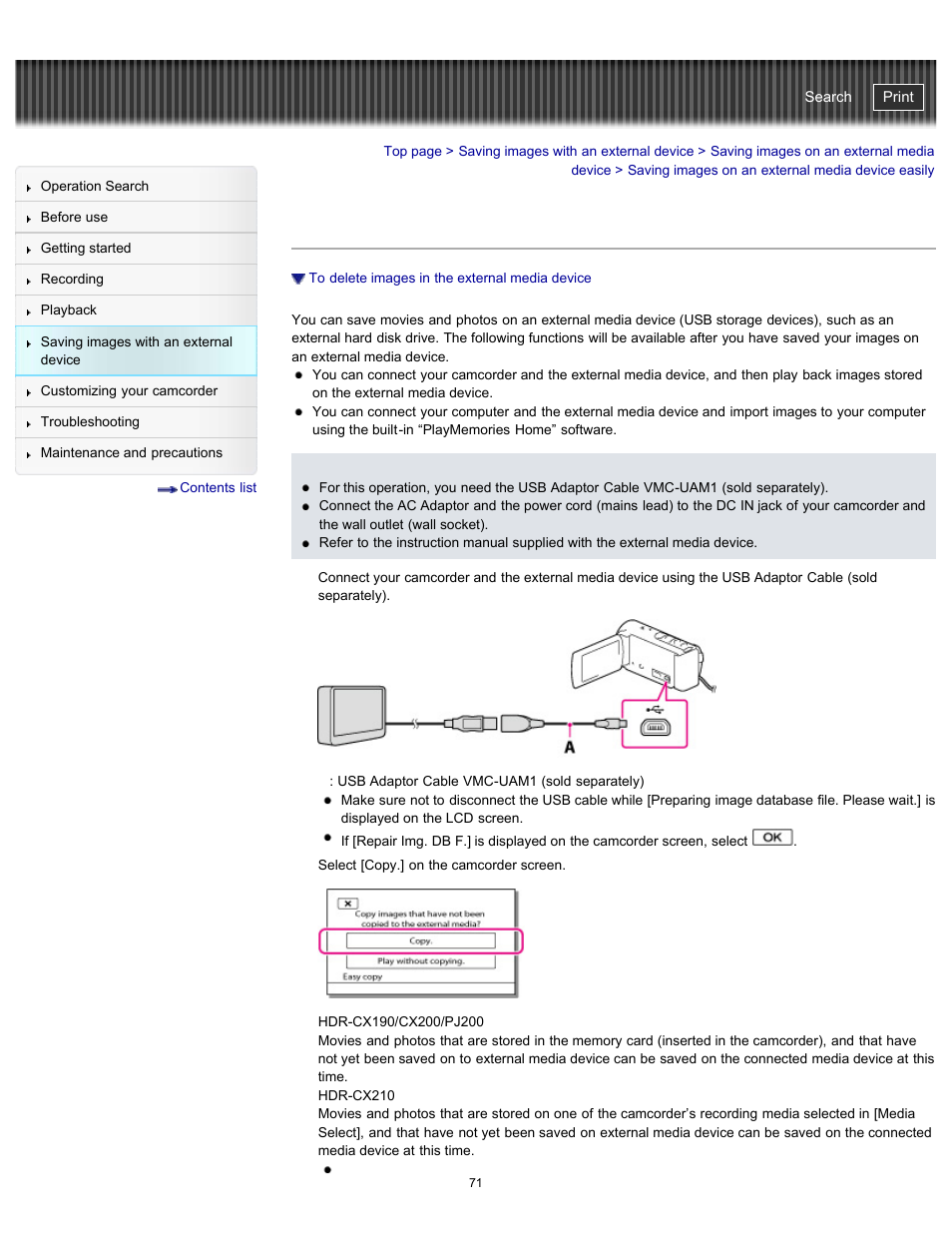 Saving images on an external media device easily, Handycam" user guide | Sony HDR-PJ200 User Manual | Page 78 / 202