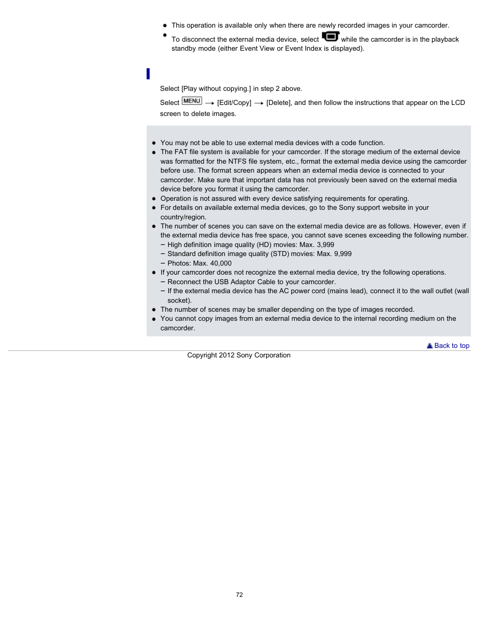 To delete images in the external media device | Sony HDR-PJ200 User Manual | Page 79 / 202