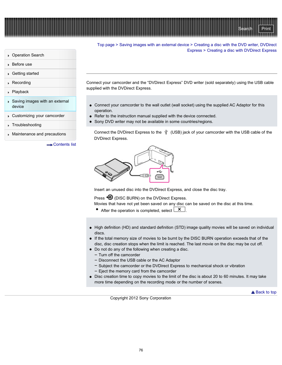 Creating a disc with dvdirect express, Handycam" user guide | Sony HDR-PJ200 User Manual | Page 83 / 202