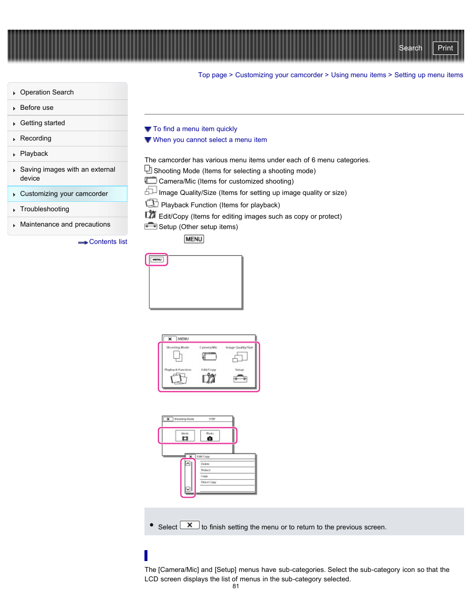 Setting up menu items, To find a menu item quickly, Handycam" user guide | Sony HDR-PJ200 User Manual | Page 88 / 202