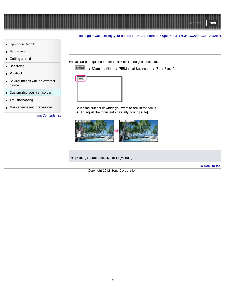 Spot focus (hdr-cx200/cx210/pj200), Handycam" user guide | Sony HDR-PJ200 User Manual | Page 96 / 202