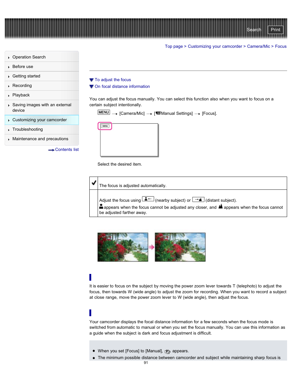 Focus, To adjust the focus, On focal distance information | Handycam" user guide | Sony HDR-PJ200 User Manual | Page 98 / 202