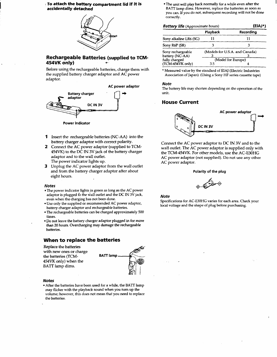 Eiaj*), House current, When to replace the batteries | Sony TCM-453V User Manual | Page 2 / 6