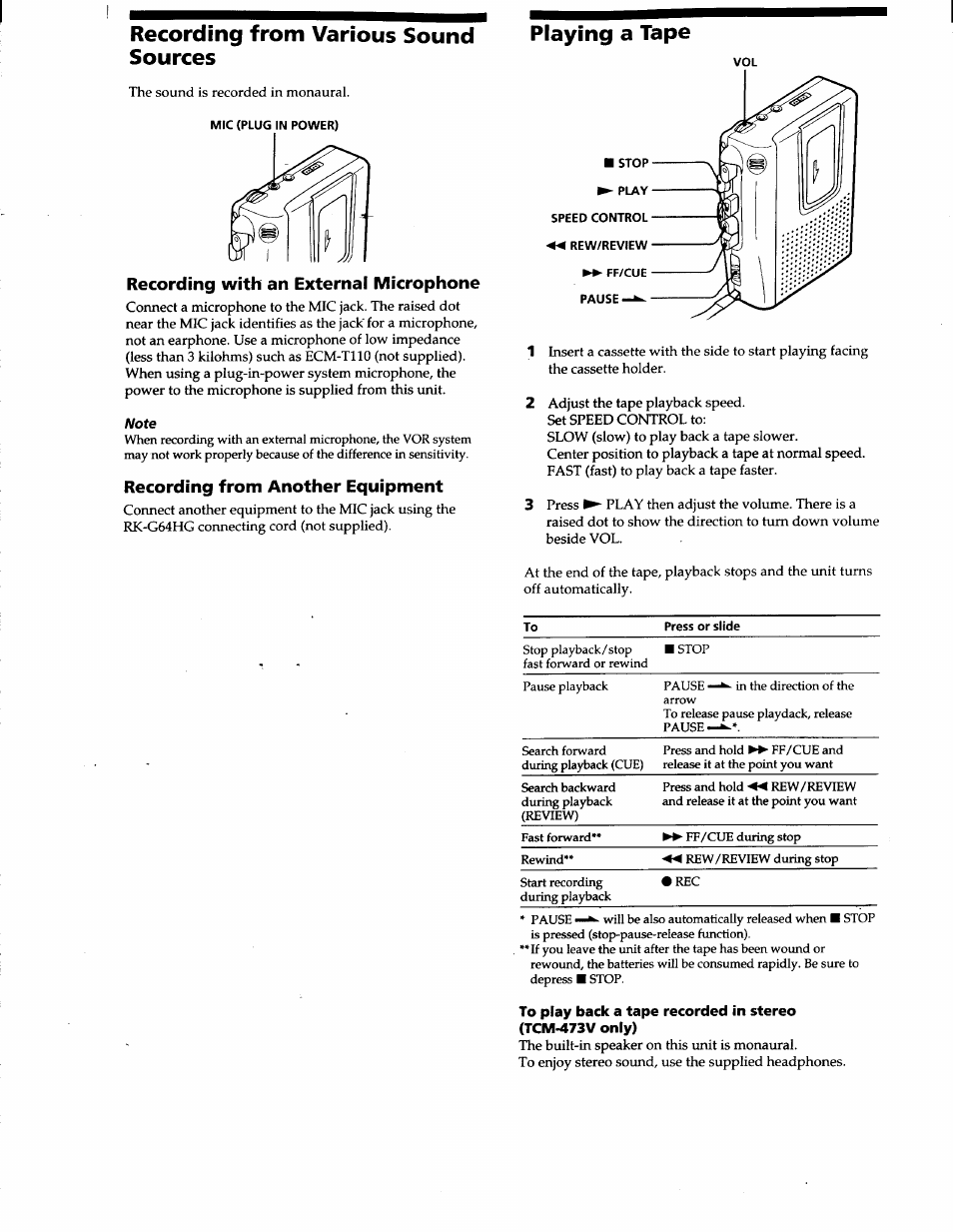 Recording from various sound sources, Playing a tape, Recording with an external microphone | Recording from another equipment, To play back a tape recorded in stereo, Tcm-473v only) | Sony TCM-453V User Manual | Page 4 / 6