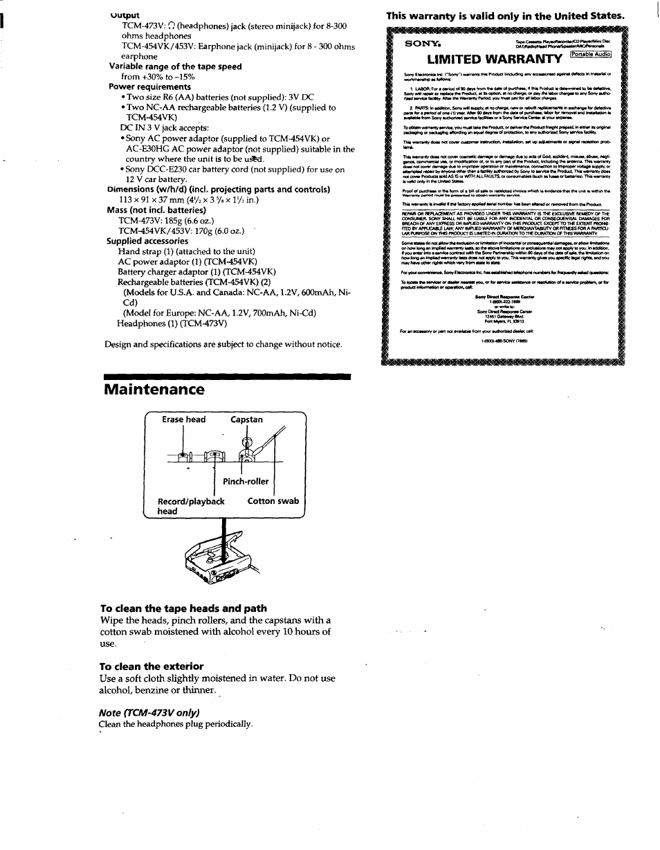 This warranty is valid only in the united states, Maintenance, To clean the tape heads and path | To clean the exterior, Clean the headphones plug periodically | Sony TCM-453V User Manual | Page 6 / 6