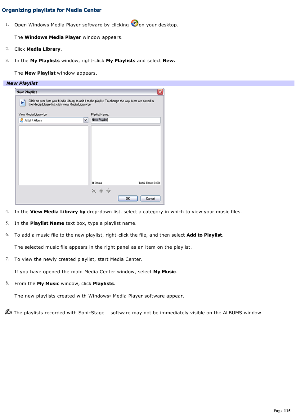 Organizing playlists for media center | Sony PCV-RZ51 User Manual | Page 115 / 245