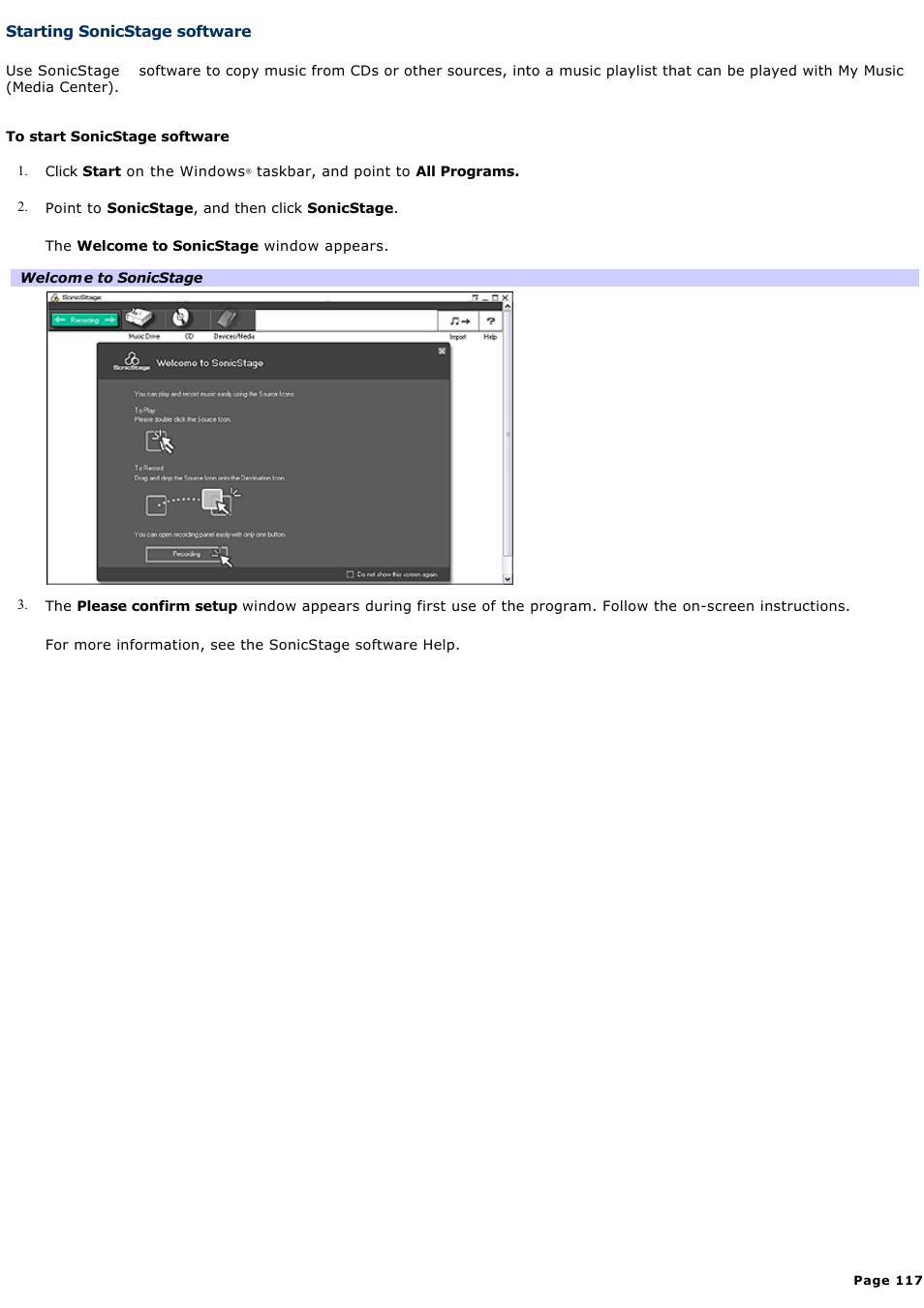 Starting sonicstage software | Sony PCV-RZ51 User Manual | Page 117 / 245