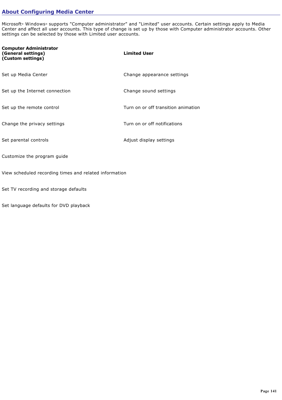 About configuring media center | Sony PCV-RZ51 User Manual | Page 141 / 245