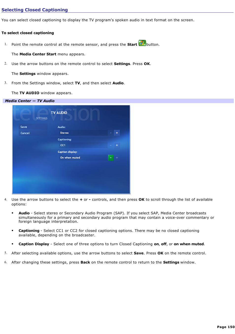 Selecting closed captioning | Sony PCV-RZ51 User Manual | Page 150 / 245