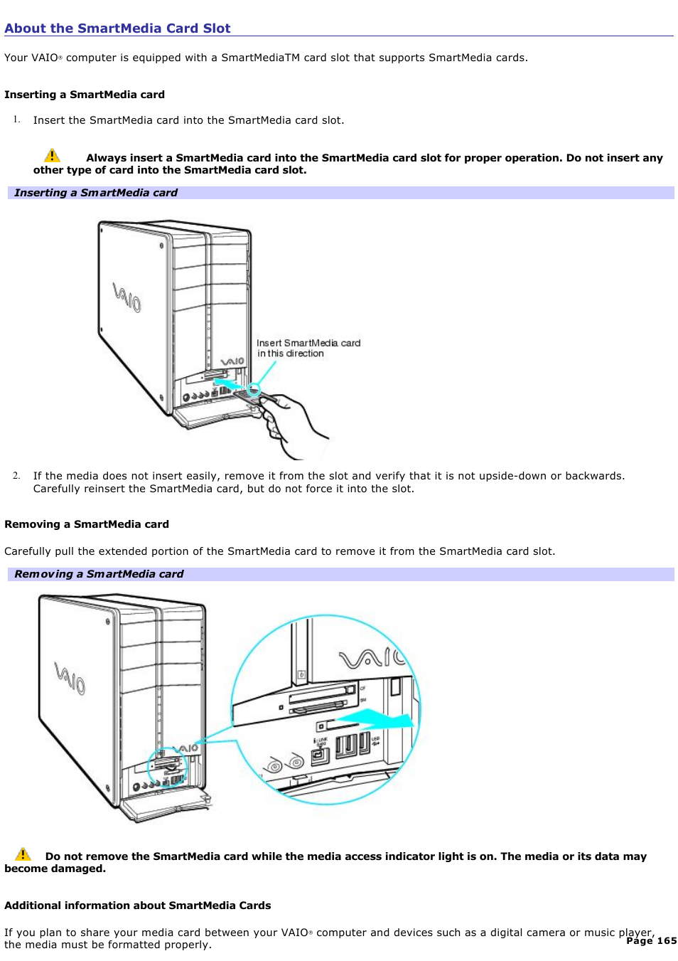 About the smartmedia card slot | Sony PCV-RZ51 User Manual | Page 165 / 245