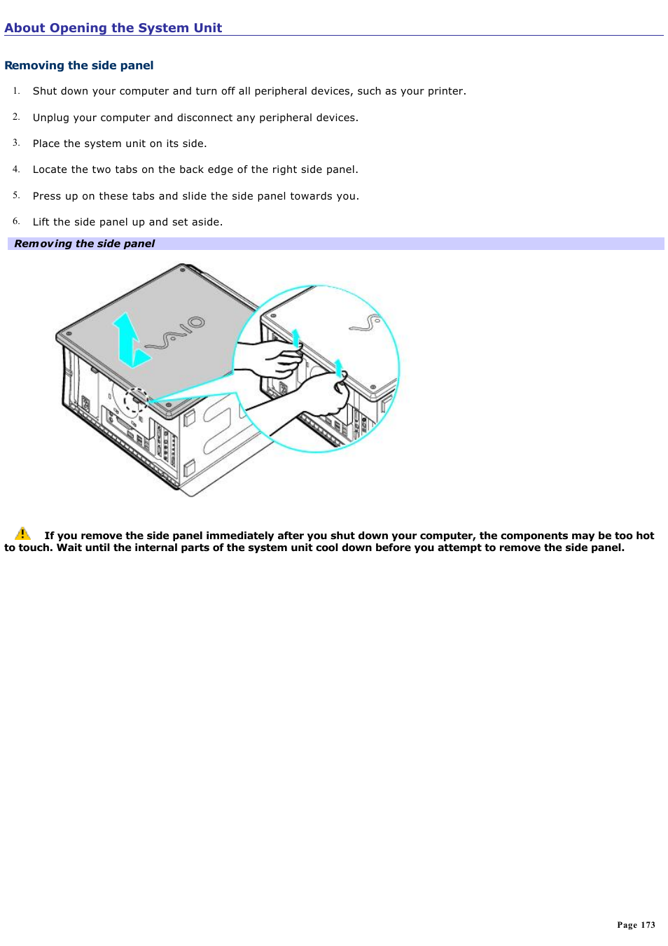 About opening the system unit | Sony PCV-RZ51 User Manual | Page 173 / 245