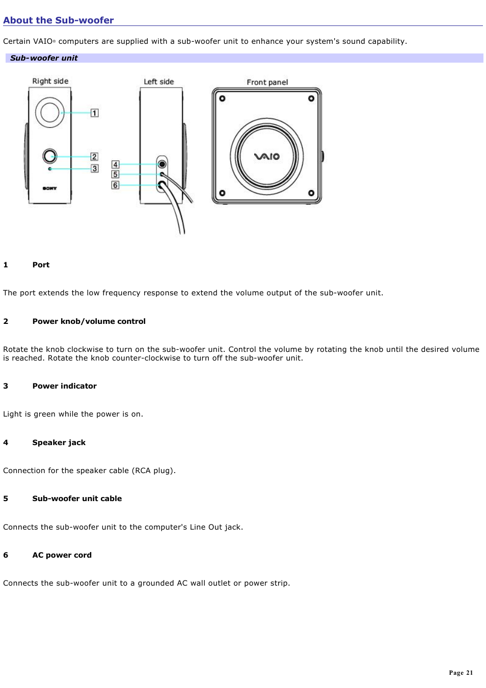 About the sub-woofer | Sony PCV-RZ51 User Manual | Page 21 / 245