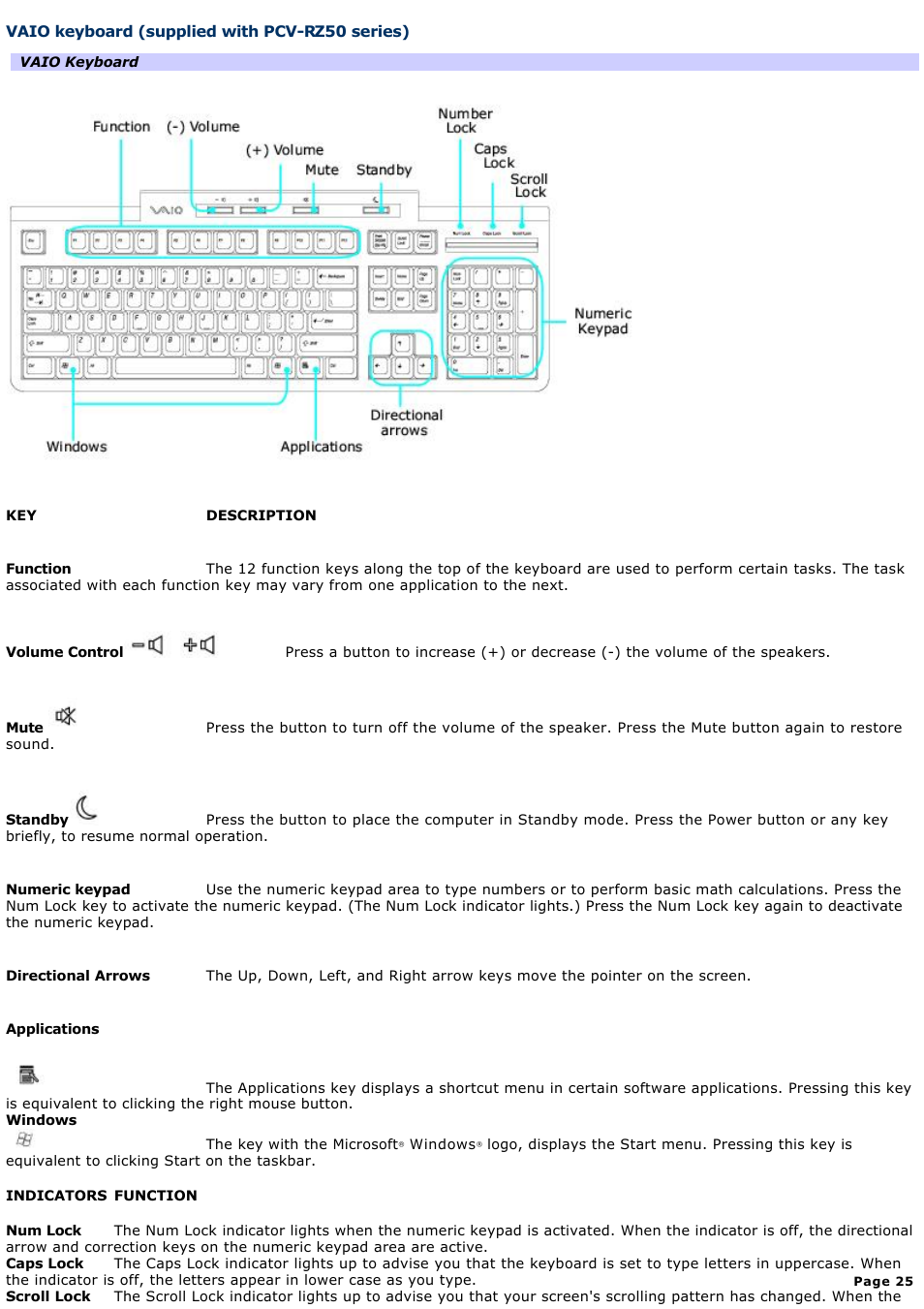 Vaio keyboard (supplied with pcv-rz50 series) | Sony PCV-RZ51 User Manual | Page 25 / 245