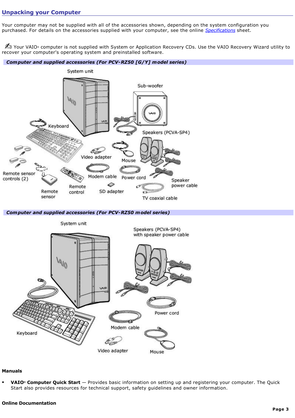 Unpacking your computer | Sony PCV-RZ51 User Manual | Page 3 / 245