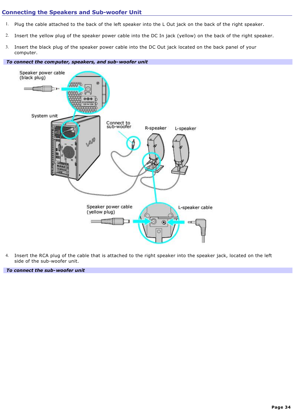 Connecting the speakers and sub-woofer unit | Sony PCV-RZ51 User Manual | Page 34 / 245