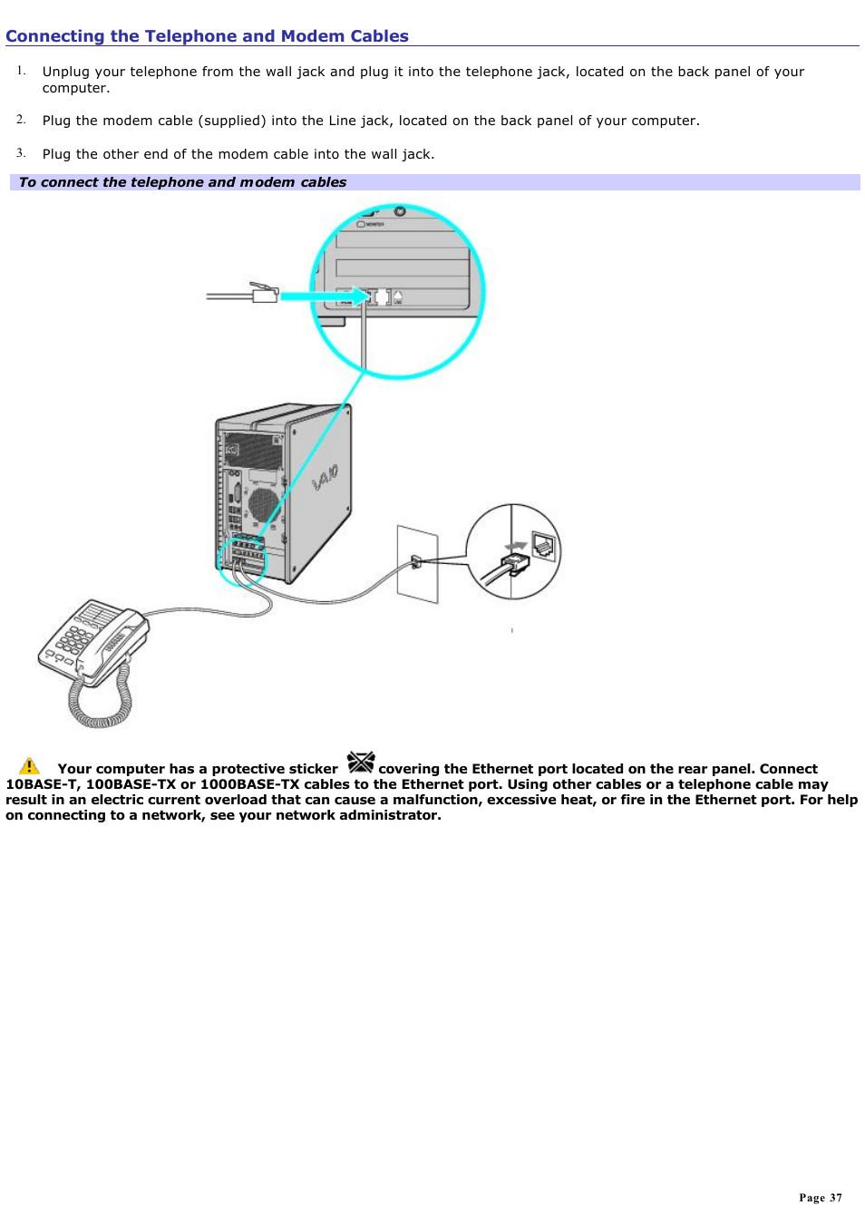 Connecting the telephone and modem cables | Sony PCV-RZ51 User Manual | Page 37 / 245