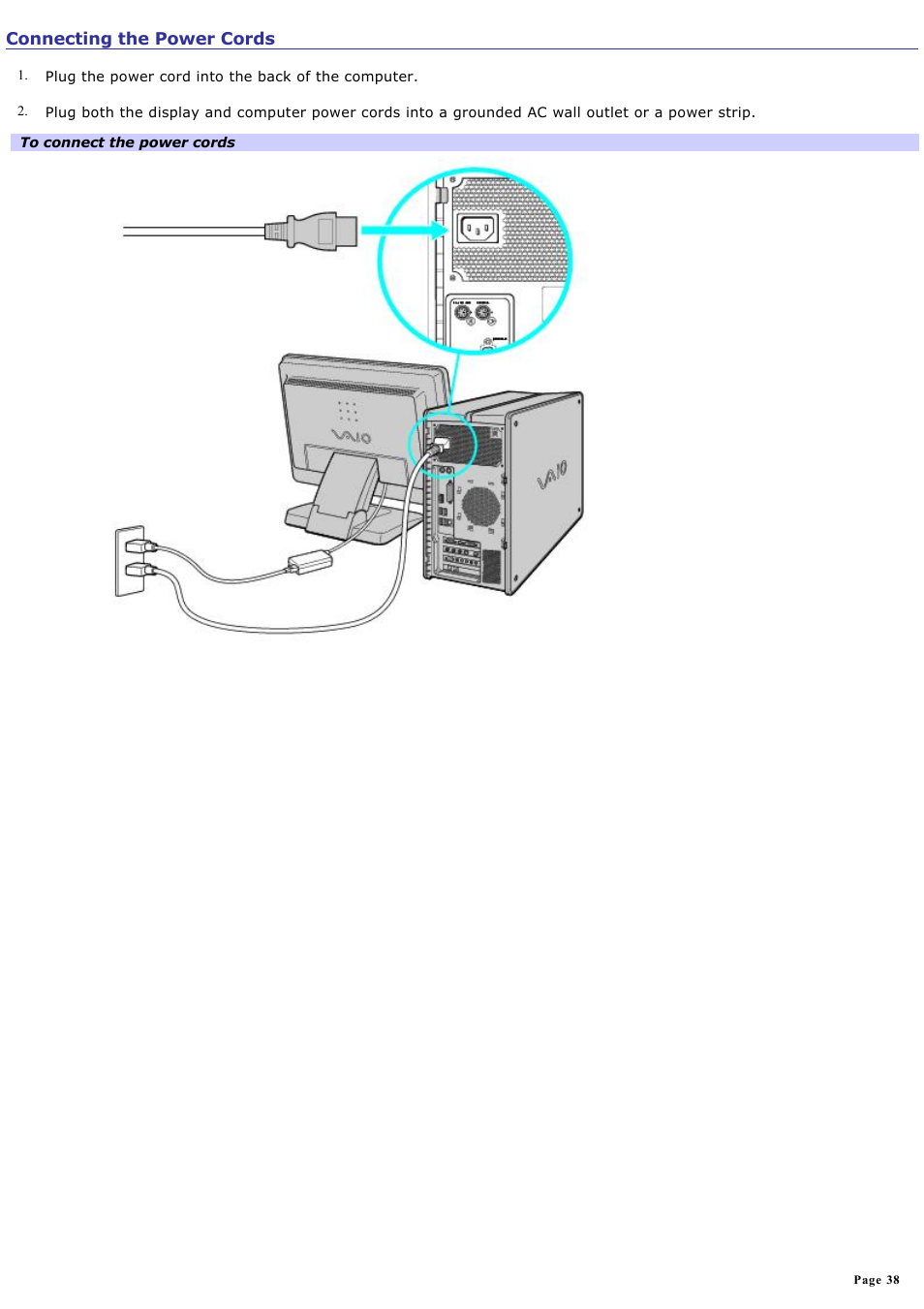 Connecting the power cords | Sony PCV-RZ51 User Manual | Page 38 / 245