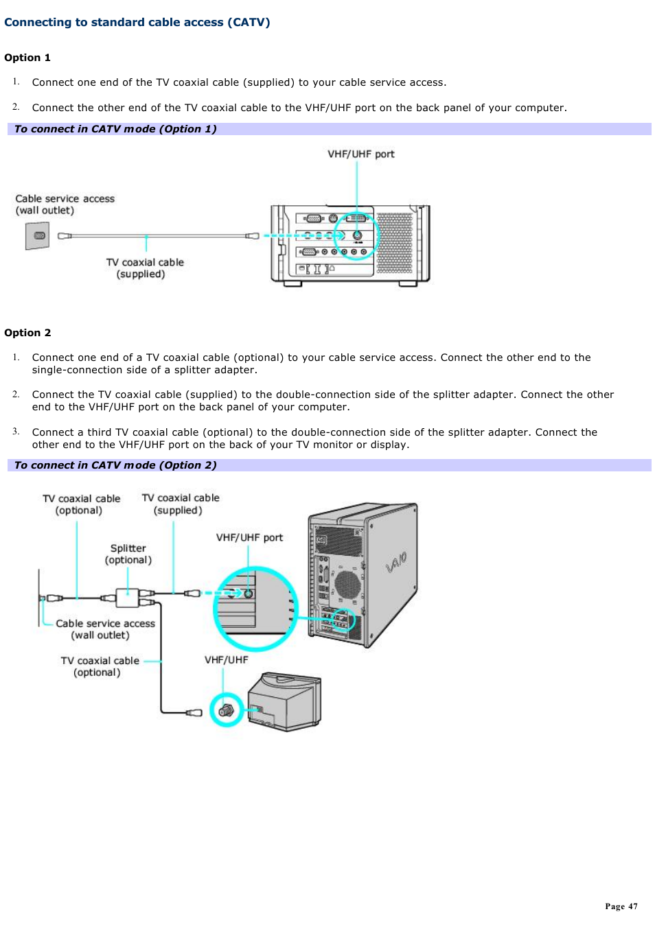 Connecting to standard cable access (catv) | Sony PCV-RZ51 User Manual | Page 47 / 245