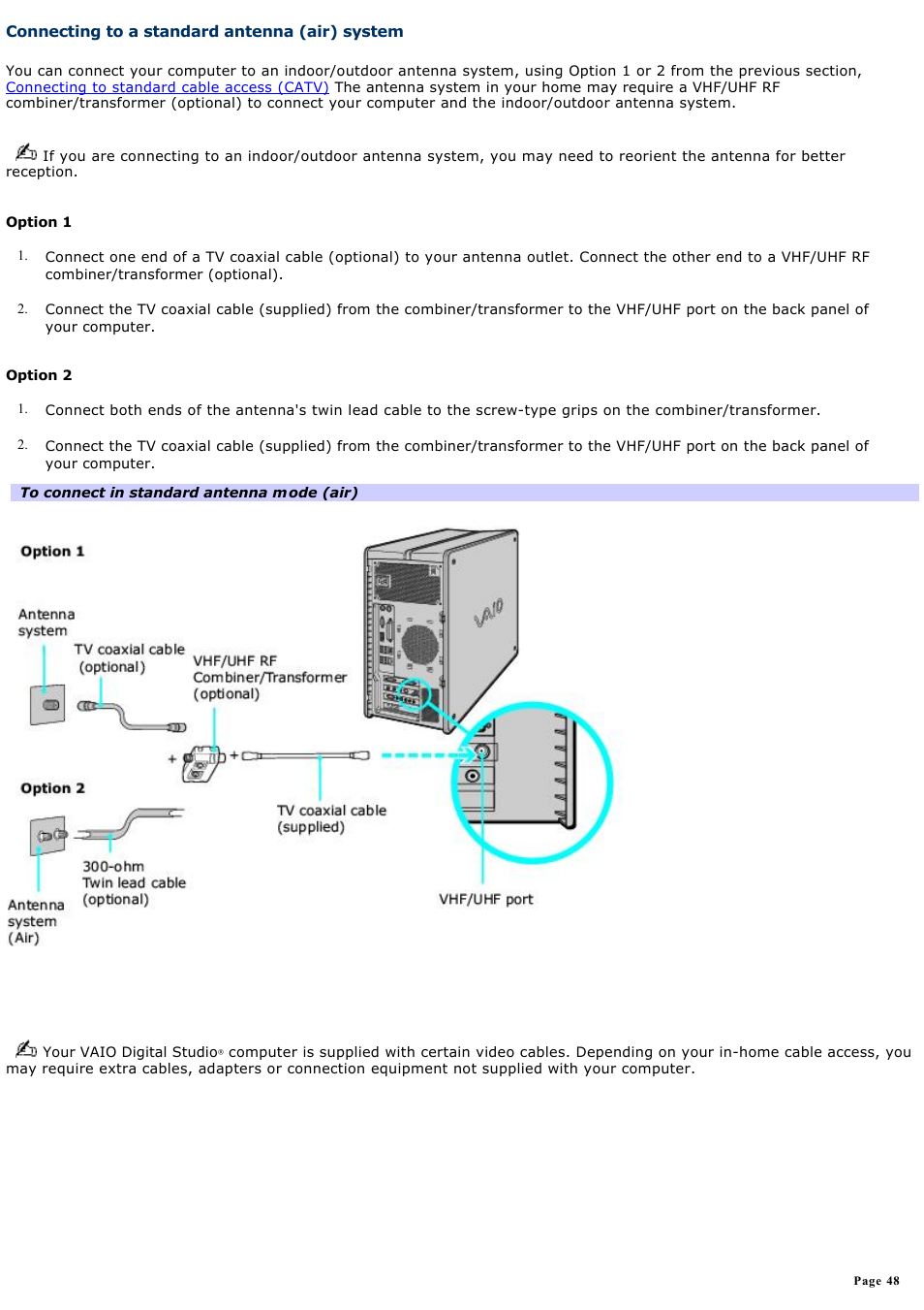 Connecting to a standard antenna (air) system | Sony PCV-RZ51 User Manual | Page 48 / 245