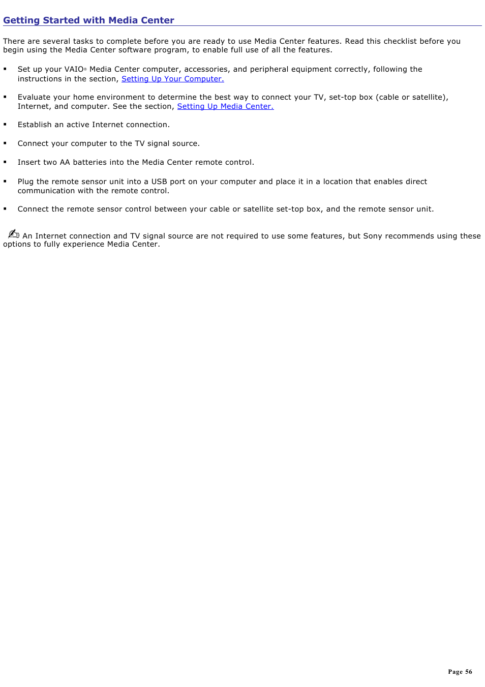Getting started with media center | Sony PCV-RZ51 User Manual | Page 56 / 245