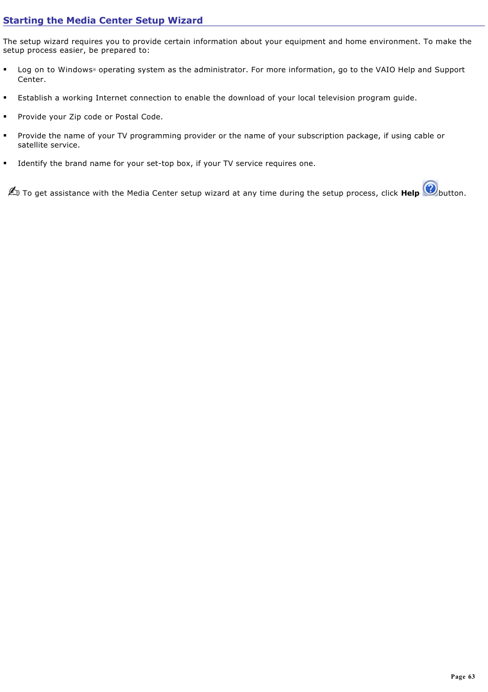 Starting the media center setup wizard | Sony PCV-RZ51 User Manual | Page 63 / 245