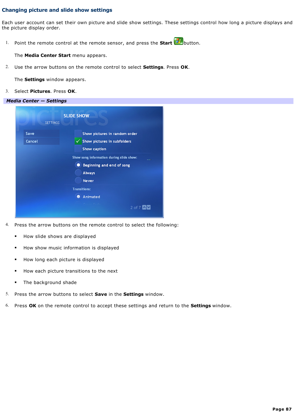 Changing picture and slide show settings | Sony PCV-RZ51 User Manual | Page 87 / 245