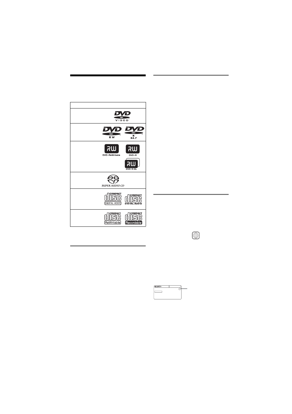 L1 - this player can play the following discs, This player can play the following discs, Example of discs that the player cannot play | Region code | Sony DVP-NS90V User Manual | Page 8 / 88