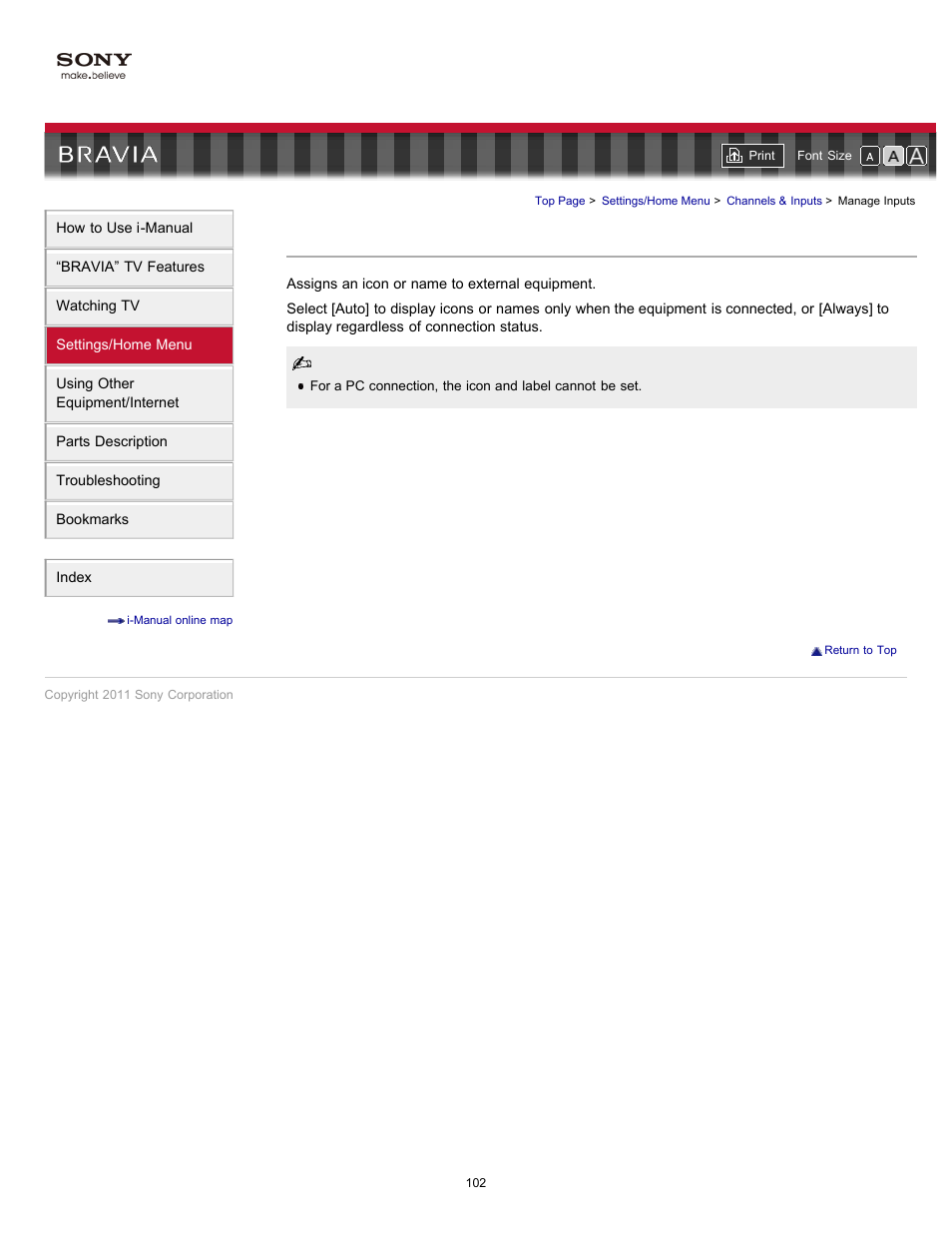 External input display settings, Manage inputs | Sony KDL-32EX523 User Manual | Page 102 / 158