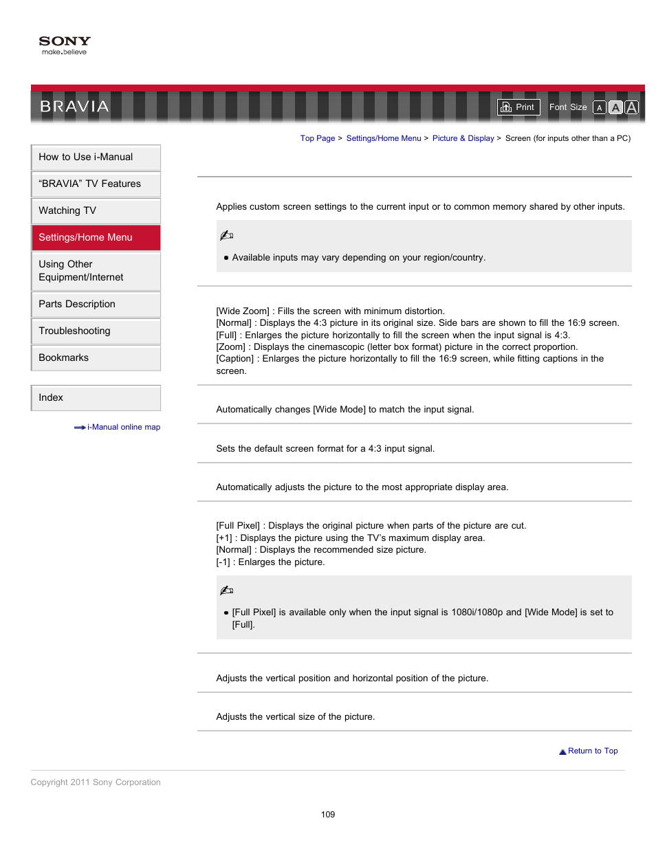 Screen settings, Screen (for inputs other than a pc) | Sony KDL-32EX523 User Manual | Page 109 / 158