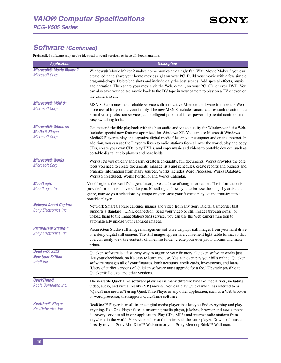 Vaio® computer specifications, Software | Sony PCG-V505BCP User Manual | Page 10 / 12