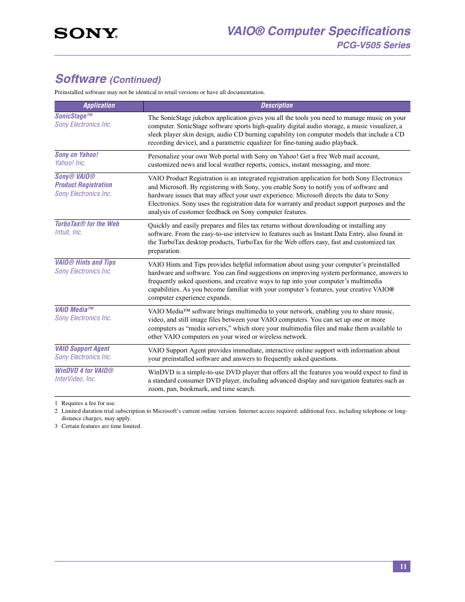 Vaio® computer specifications, Software | Sony PCG-V505BCP User Manual | Page 11 / 12