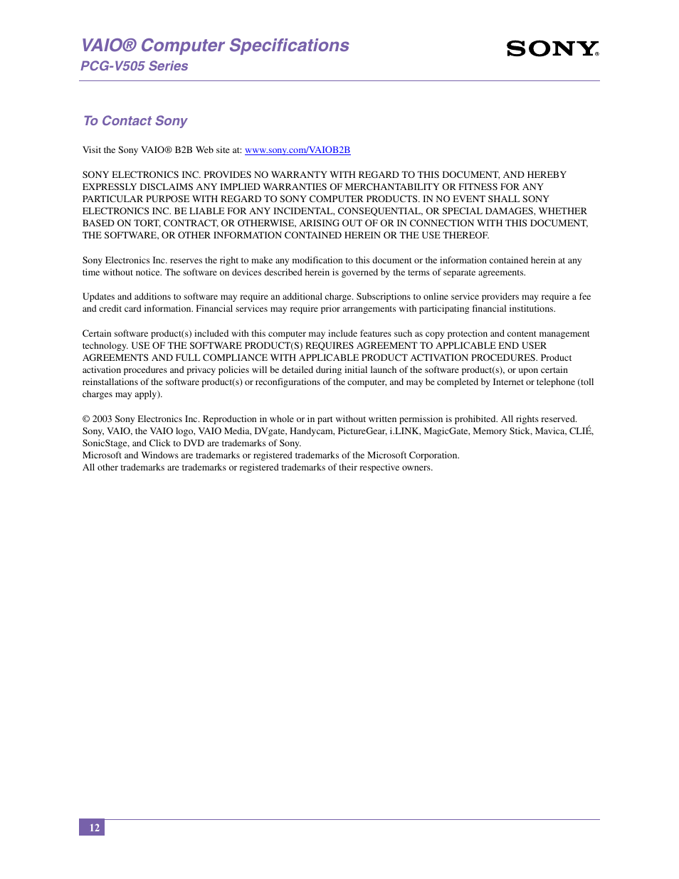 Vaio® computer specifications | Sony PCG-V505BCP User Manual | Page 12 / 12