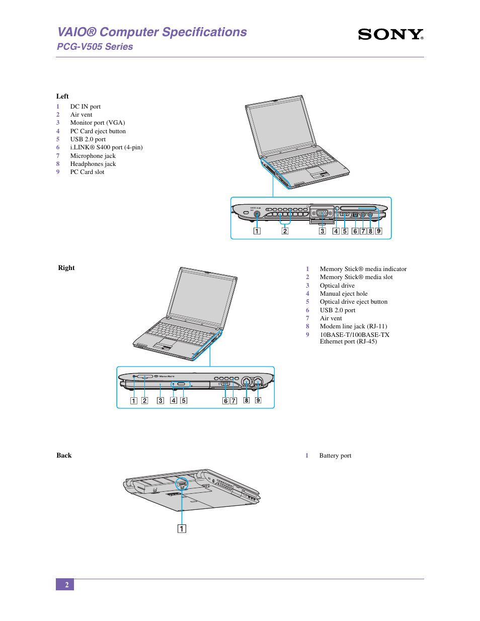 Vaio® computer specifications, Pcg-v505 series | Sony PCG-V505BCP User Manual | Page 2 / 12