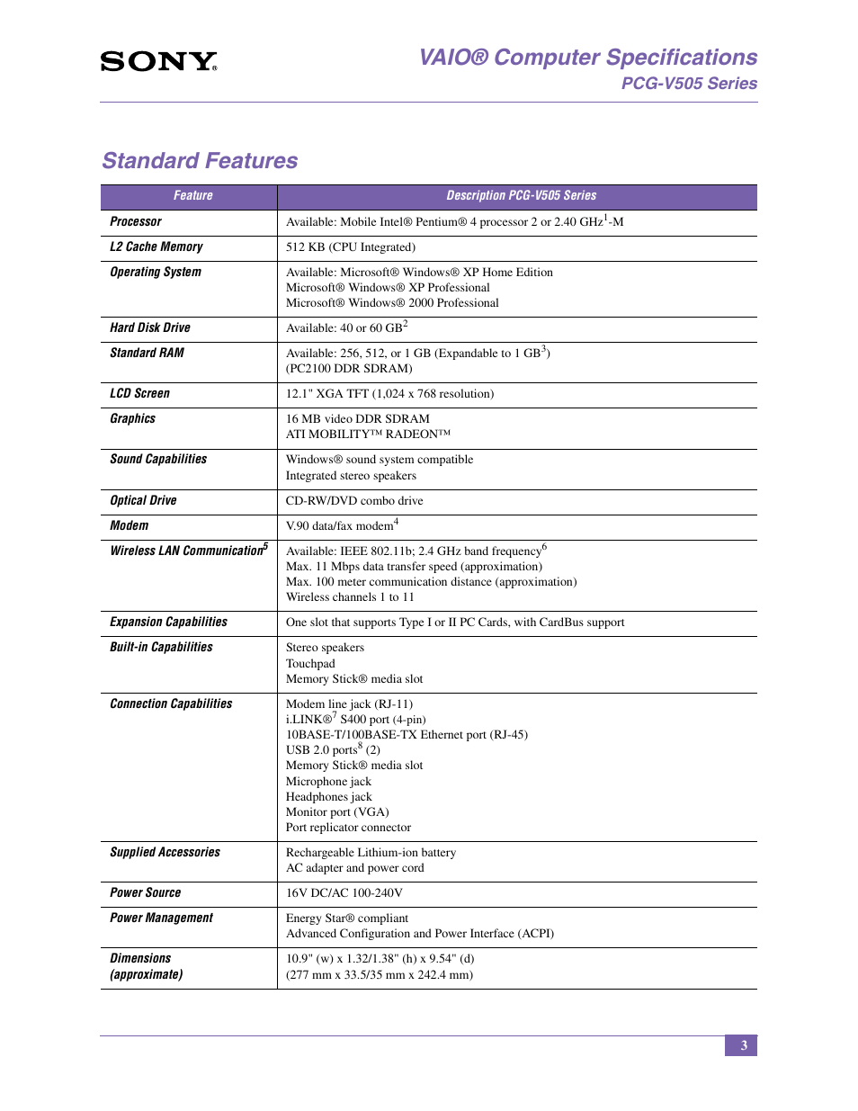 Vaio® computer specifications, Standard features, Pcg-v505 series | Sony PCG-V505BCP User Manual | Page 3 / 12
