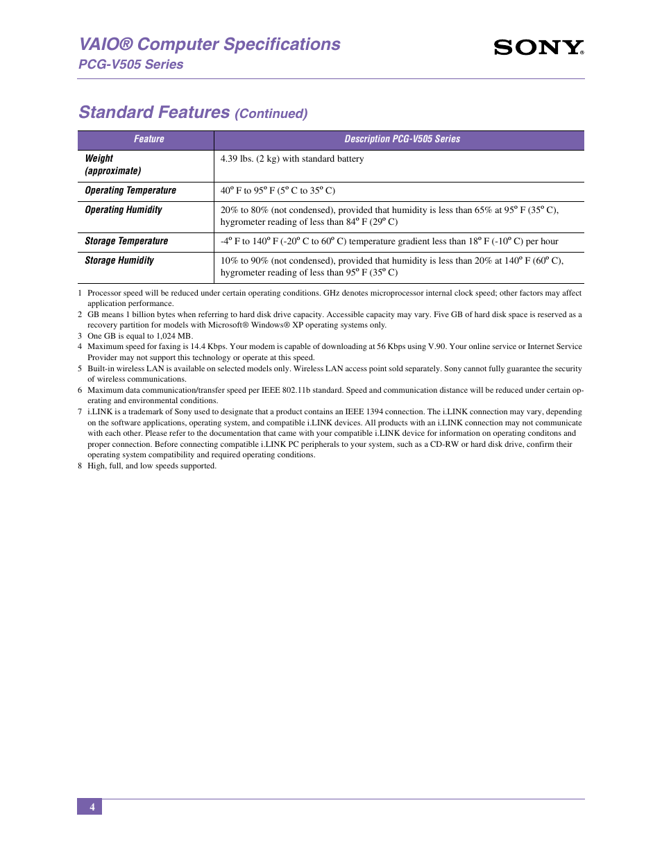 Vaio® computer specifications, Standard features, Pcg-v505 series | Continued) | Sony PCG-V505BCP User Manual | Page 4 / 12