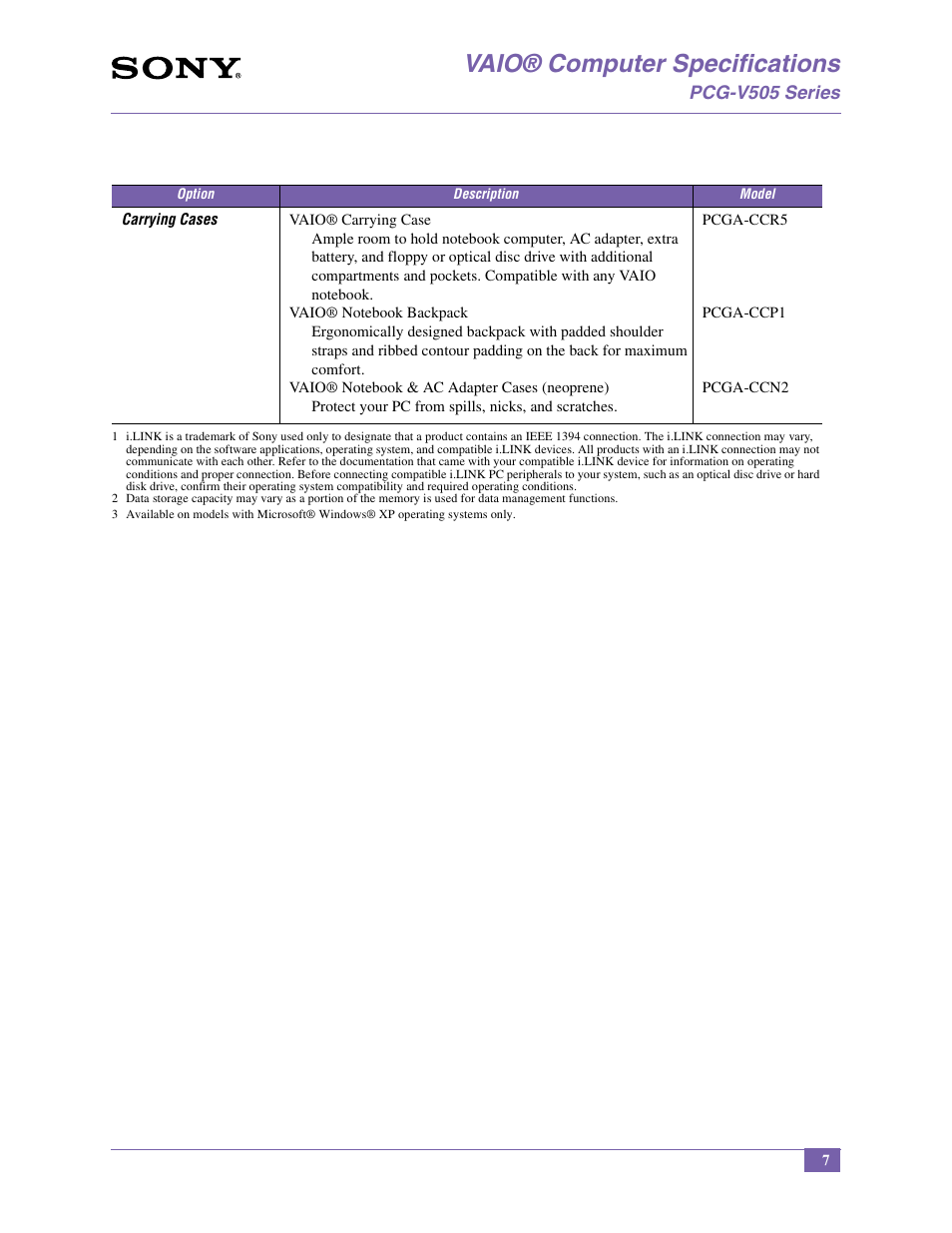 Vaio® computer specifications | Sony PCG-V505BCP User Manual | Page 7 / 12