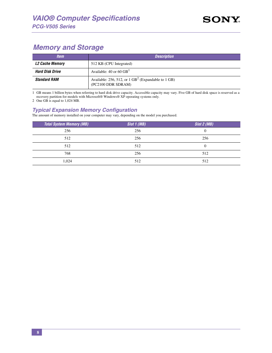 Vaio® computer specifications, Pcg-v505 series | Sony PCG-V505BCP User Manual | Page 8 / 12