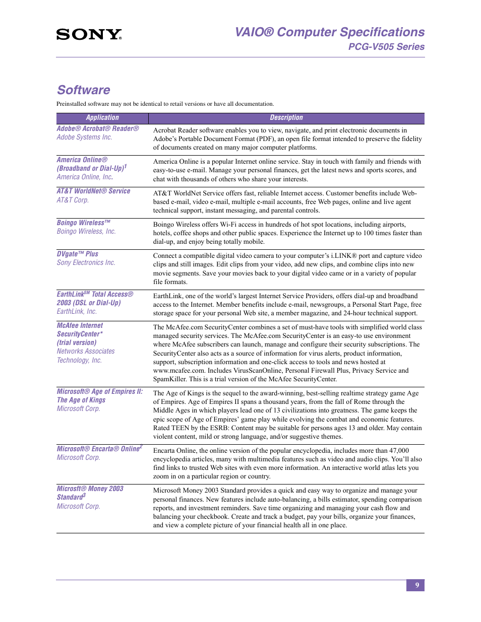Vaio® computer specifications, Software, Pcg-v505 series | Sony PCG-V505BCP User Manual | Page 9 / 12