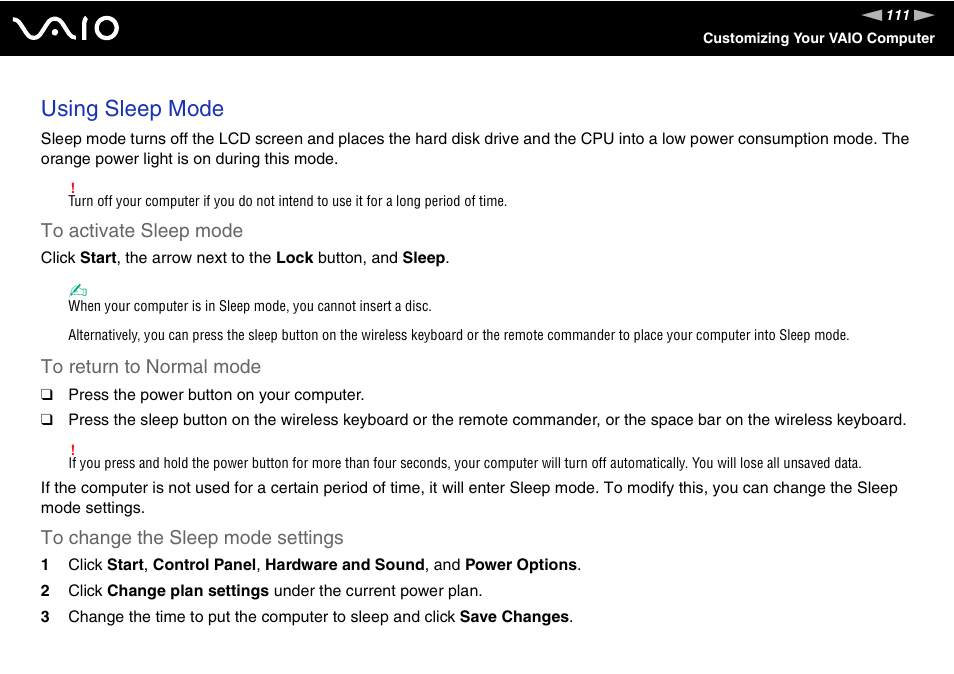 Using sleep mode | Sony VGC-LT18E User Manual | Page 111 / 191