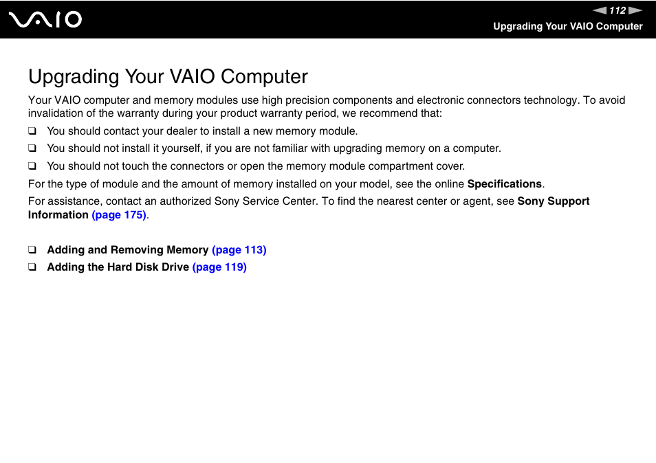 Upgrading your vaio computer | Sony VGC-LT18E User Manual | Page 112 / 191