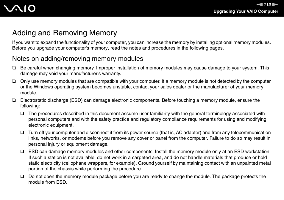 Adding and removing memory | Sony VGC-LT18E User Manual | Page 113 / 191