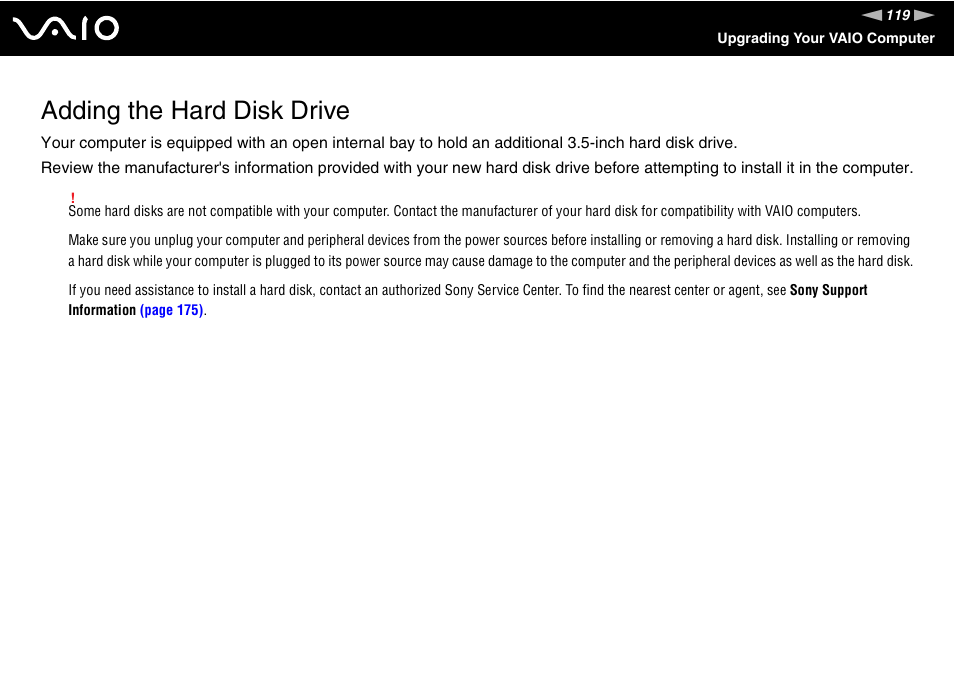 Adding the hard disk drive | Sony VGC-LT18E User Manual | Page 119 / 191