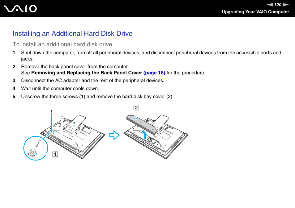 Installing an additional hard disk drive | Sony VGC-LT18E User Manual | Page 120 / 191