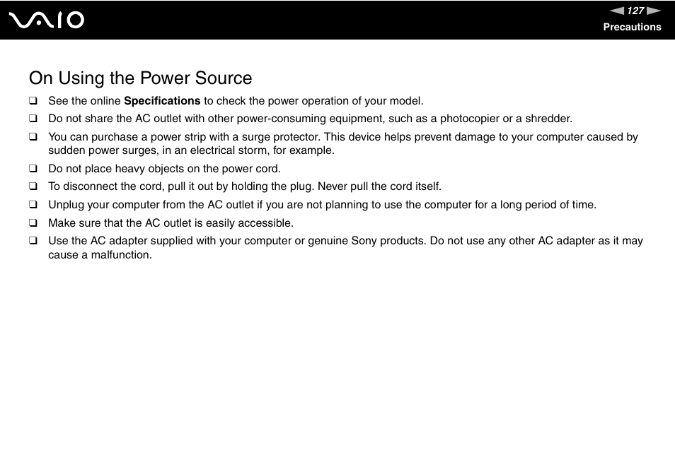 On using the power source | Sony VGC-LT18E User Manual | Page 127 / 191