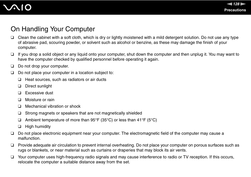 On handling your computer | Sony VGC-LT18E User Manual | Page 128 / 191