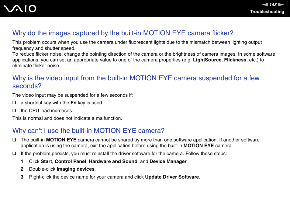 Why can't i use the built-in motion eye camera | Sony VGC-LT18E User Manual | Page 148 / 191